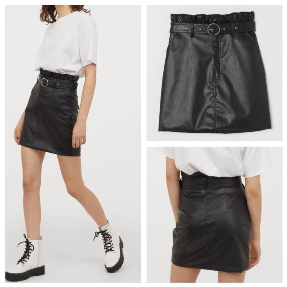 H&M Belted Black Moto Mini Faux Leather Size 8 NWT Vegan Faux Leather Medium